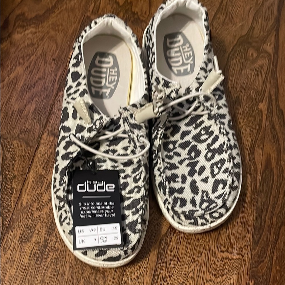 Hey Dude Black and White Leopard Print Sneakers